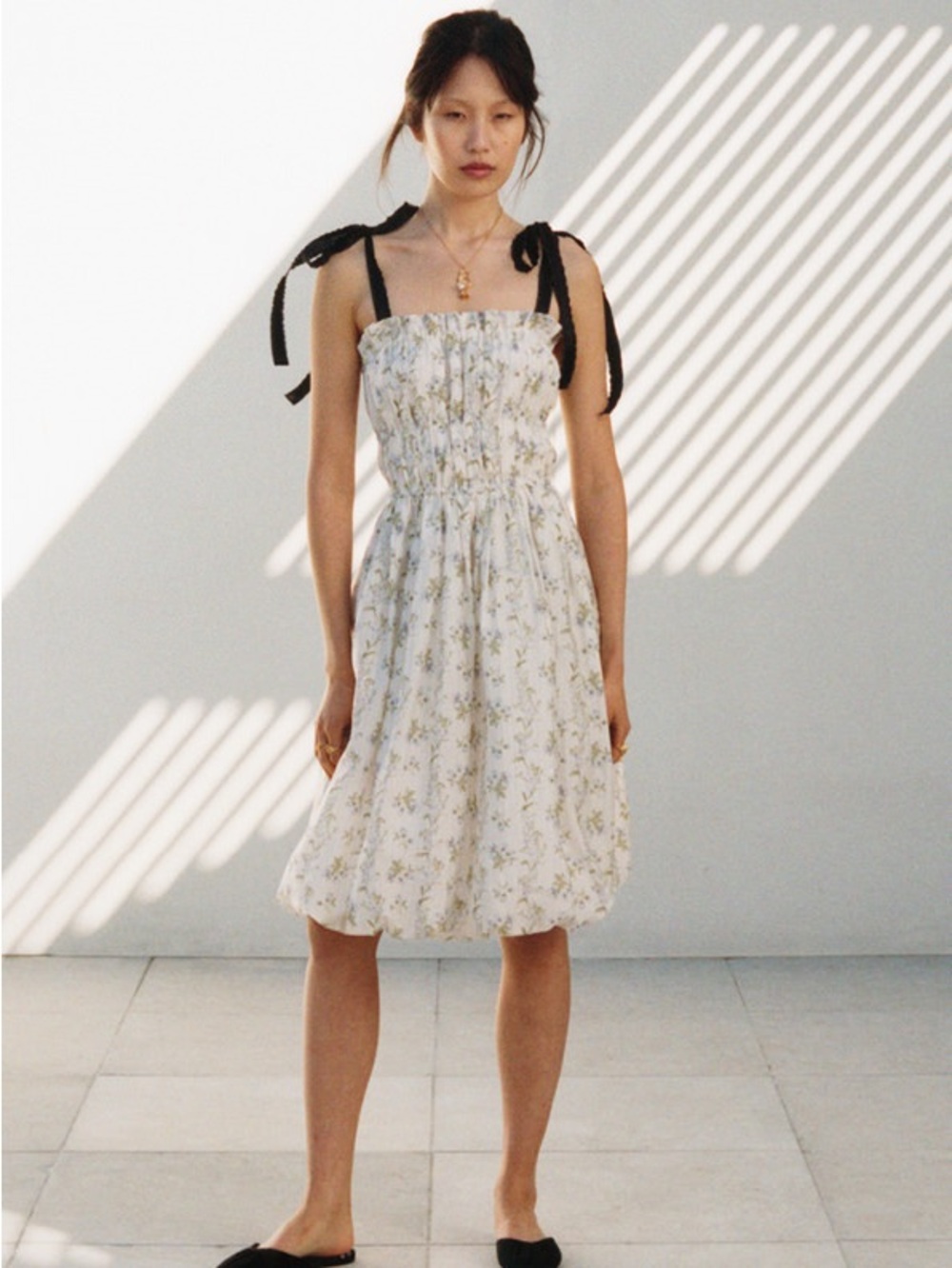Brock Collection Floral Midi Dress with Black Tie Straps - White
